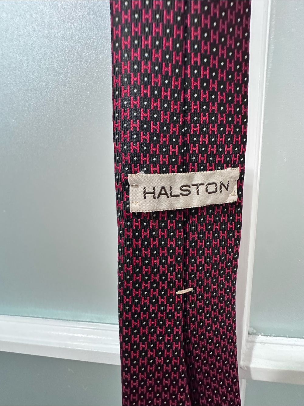 Vintage Halston Geometric H Logo Silk Tie Black Burgundy Men’s Necktie